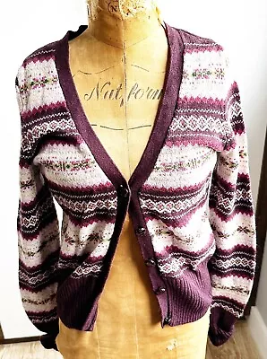 Ladies Purple Cream Fair Isle V Neck H&M LOGG Cardigan Small 8-10 Pristine • £7