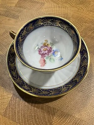 Vintage Royal Blue & White Mini Tea Cup And Saucer Beautiful Gold Color Accents • $8.50