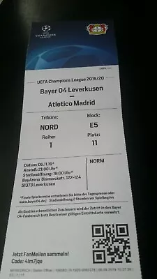 COLLECTOR'S TICKET UEFA CHAMPIONS LEAGUE BAYER LEVERKUSEN V ATHLETICO MADRID 19/20 • £1.54