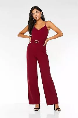 NEW Quiz - BERRY V Neck Gold Buckle Palazzo Jumpsuit SIZE 14 • £21.99