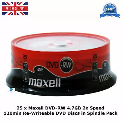 25 X Maxell DVD-RW 4.7GB 2x Speed 120min Re-Writable DVD Discs In Spindle Pack • £29.99