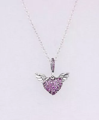 PANDORA 925 Silver Pave Heart & Angel Wings Pink Necklace With Box • $2.25