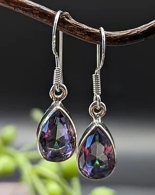 NEW 925 Sterling Silver Pear Cut Mystic Topaz Natural Gemstone Drop Earrings • £14.95