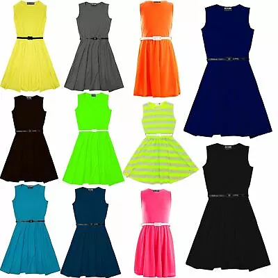 Girls Skater Dress Kids Party Dresses With Free Belt Age 7 8 9 10 11 12 13 Years • £7.95