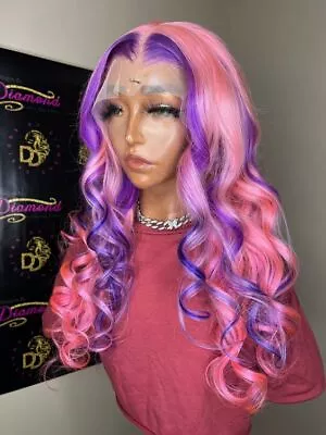 Fashion Long Wave Purple Pink Highlight Wig Synthetic Wig Lace Front Wig Costume • $55.99