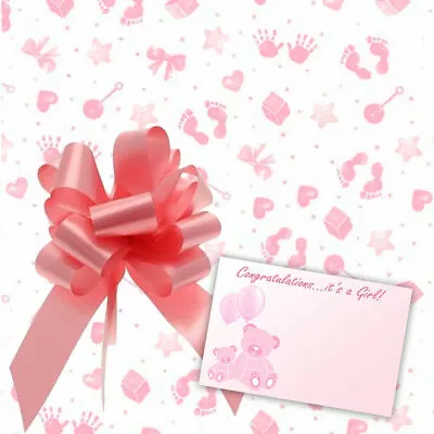 Pink Baby Girl Cellophane Gift Wrap Baby Shower Hamper + Pull Bow Ribbon & Card • £1.99