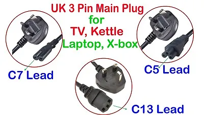 UK 3 Pin Main Plug Power Cable Cord To C5 C7 C13 For PC Monitor TV Kettle Laptop • £6.99