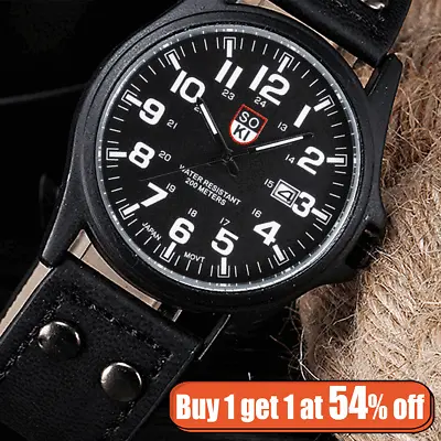 Men's Military Leather Date Quartz Analog Army Wrist Watch Casual Dress Watches • £4.09