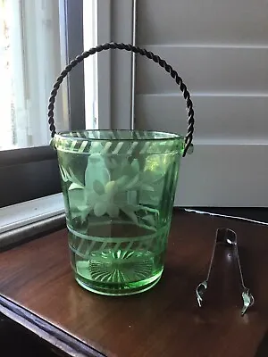 Vintage Tea Room Green Depression Glass Ice Bucket W/ Handle Claw Tongs • $33.50