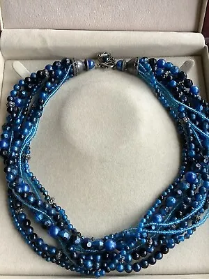 Vintage Multi Strand Royal Turquoise Blue Bead Petrol Blue Adjustable Necklace • £5.99