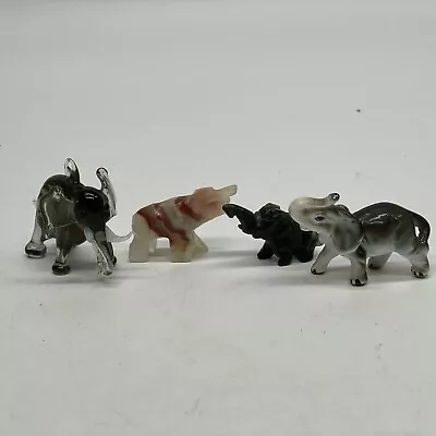 Set Of 4 Mini Elephants Blown Glass Jade Flower Agate & Ceramic Vintage Gray • $30