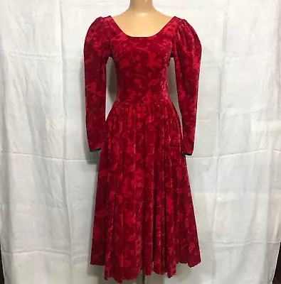 Vintage Laura Ashley Red Floral Ikat Cotton Velvet Puff Sleeve Dress • $49.99