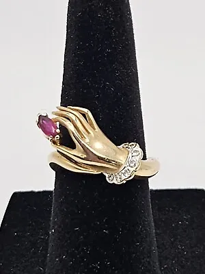 Vintage Victorian Style 14k Yellow Gold Hand Holding Ruby Diamond Ring Size 5.5 • $549