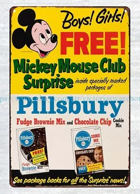 1950 MICKEY MOUSE Club Surprise PILLSBURY Brownie Mix Metal Tin Sign Home Decor • $18.99