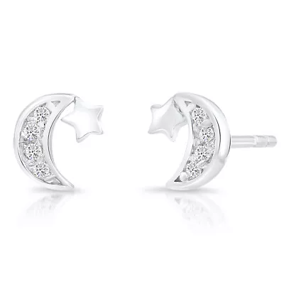 Sterling Silver Star And Moon Stud Earrings With Cubic Zirconia 6mm X 5.5mm • $24.99