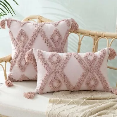 £11.99 • Buy Boho Moroccan Pink Diamond Design Tassel Cushion Cover 30x50cm