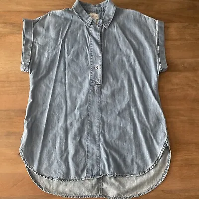 J Crew Shirt Women’s 10 Blue Chambray Popover Top Half Button Cap Sleeve Casual • $14.22