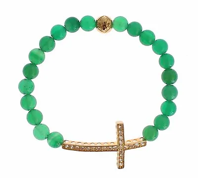 £117.41 • Buy NIALAYA Bracelet Women Green Jade Stone Gold CZ Cross 925 Silver S. M