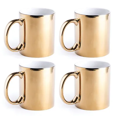 Pack Of 4 Ceramic Coffee Mugs Metallic Gold Tea Cups 350 Ml Home Christmas Gift • £19.99