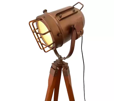 Wooden Tripod Spotlight Designer Floor Lamp Brass Studio Light Tripod Vintage • $85