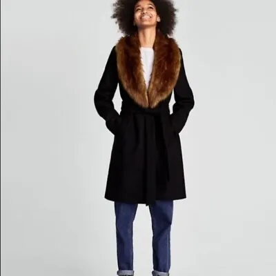 $125 • Buy NWT Zara Long Black Wool Wrap Coat With Faux Fur Collar Size XS