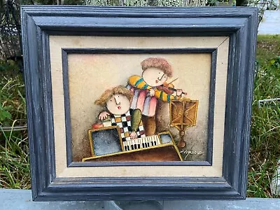 Vintage Joyce J Roybal Painting Children Piano Violin Fiddle Organ Music Stand • $95