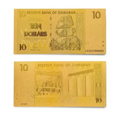 Zimbabwe Dollar Z$ 10 Bills Gold Plated Banknote Currency Money Note  • $4.25