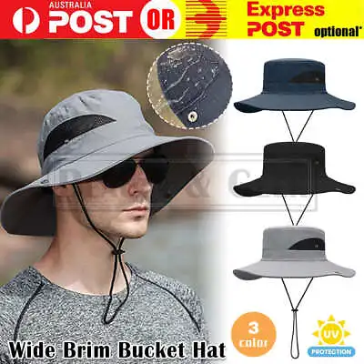 Men Wide Brim Bucket Hat UV-proof Cap Fishing Hiking Camping  Beach Outdoor Sun • $10.95