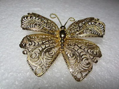 MONET 3D BUTTERFLY PIN LACY WINGS LARGE VINTAGE FILIGREE GOLDTONE Brooch • $11.99
