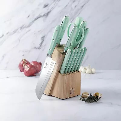 Martha Stewart Ergonomic Stainless Steel 14 Pc Wood Block Cutlery Knife Set • $69.95