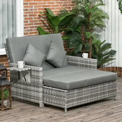 Outsunny Garden Rattan Furniture Set 2 Seater Patio Sun Bed Lounger Daybed Grey • £315.95