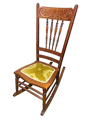 Vintage Pressed Back Oak Rocker Rocking Chair With/ Upholstered Seating • $174.79