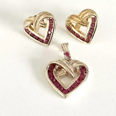 925 Sterling Silver Vermeil Gold Plated Genuine Ruby Heart Earrings Pendant Set • $75