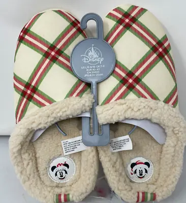 New Disney Mickey Minnie Mouse Christmas Ivory Plaid Slippers Size Medium 7/8 • $34