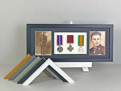 Military Medal Display Frame -Three Medals & Two 6x4  Photographs. 20x50cm.(132) • £37