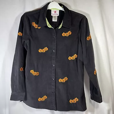 Quacker Factory Size Small Pinwale Corduroy Shirt Black Orange Pumpkins Cotton • $15.87