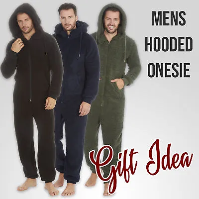 Mens Fleece All In One Lounge Jumpsuit Luxury Hooded Adult 1Onesie Winter S-XL  • £22.49