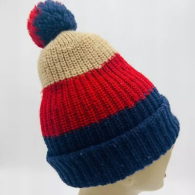 Wigwam Ski Winter Cap Beanie Pom Pom Ivory Blue Red Vintage 100% Wool Made USA • $17.95