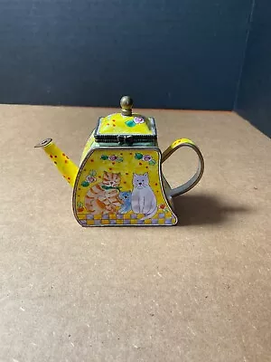 Kelvin Chen Miniture Enamal Yellow Teapot Trinket Box With 3 Cats • $19.95