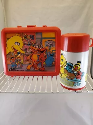 Vintage Sesame Street Red Lunchbox With Thermos Big Bird Elmo Cookie Monster  • $22.50