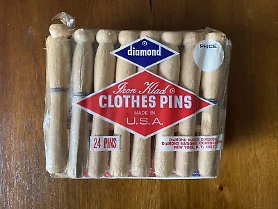 NOS Vintage Diamond Wood And Metal Clothespins Made In USA 24 Ct  • $17.50