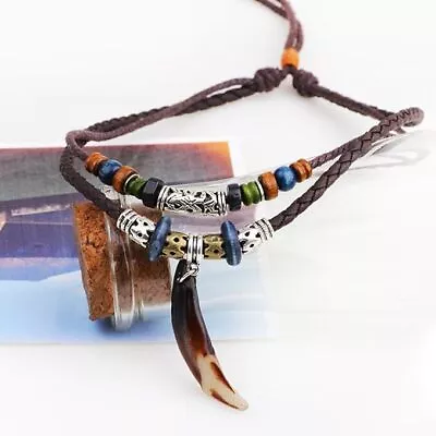 Wolf Tooth Pendant Leather Beaded Handmade Weave Necklace Men's  Accessories • $16.99