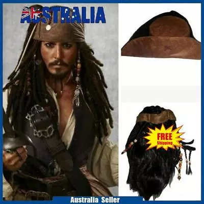 Pirates Of The Caribbean Jack Sparrow Tri Corner Buccaneer Hat Wig Beard Cosplay • $21.84