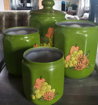 Vintage Kromex Patchwork Garden Green Floral Metal Canister Set 4 USA 70's • $12