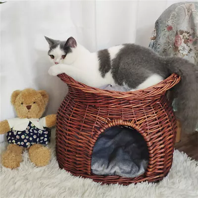 £27.91 • Buy Handmade Wicker Pet Bed Basket Cat Puppy Sleep 2 Tier House Removable Cushion
