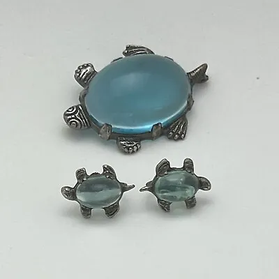 Vintage Turtle Pin & Screwback  Earrings Blue Glass Tortoise Hatchling Unsigned • $22