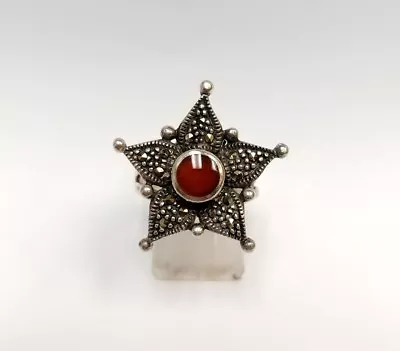 Vintage Sterling Silver Marcasite And Carnelian Flower Ring Size 8 • $65