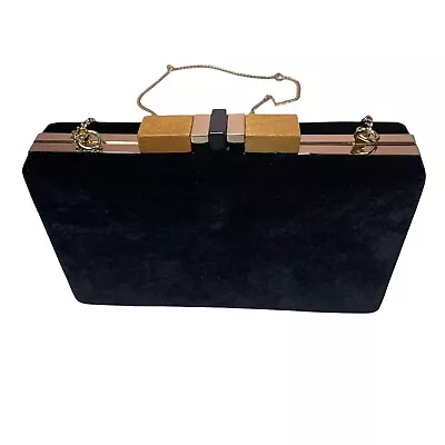 Zara Velvet Clutch Evening Bag Gold Chain Strap Rectangular Wood Accents • $18.66