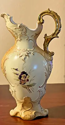 Antique Carlsbad Victoria Austria 13  Pitcher Vase Hand Painted Floral Iris • $75