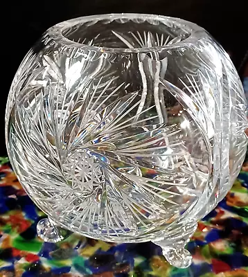 Crystal Clear Cut Glass Rose Bowl Pinwheel Design Footed Vase 6 1/2  Tall • $39.95